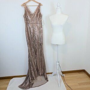 NWT rene ruiz collection 7109 champagne sequin full length ball gown